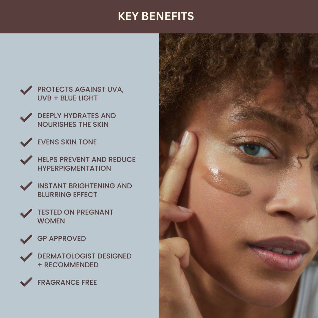 Skn to Skn Glow Duo Set with deep tint skincare product shown on model's cheek, creating a dewy finish