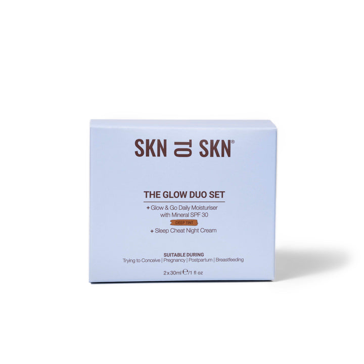 Skn to Skn Glow Duo Set in a pale blue box featuring Glow & Go moisturiser and Sleep Cheat night cream
