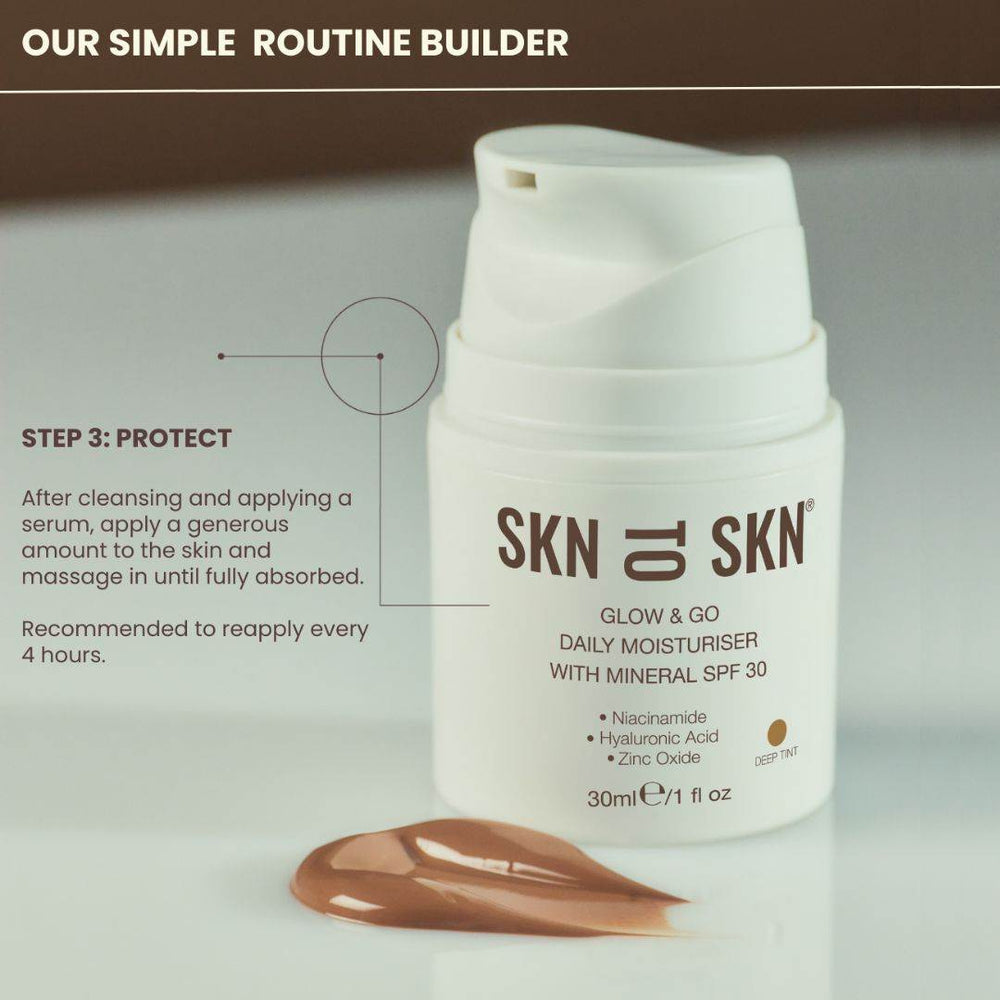 Skn to Skn Glow & Go daily moisturiser with mineral SPF 30 in a white pump bottle and deep tint