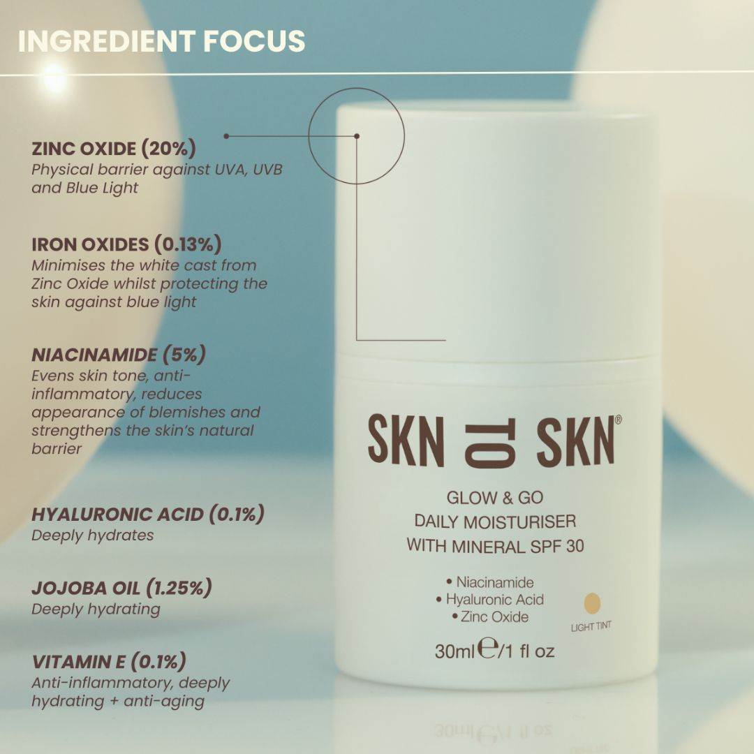 Skn to Skn Glow & Go daily moisturiser in a white pump bottle with mineral SPF 30 and light tint