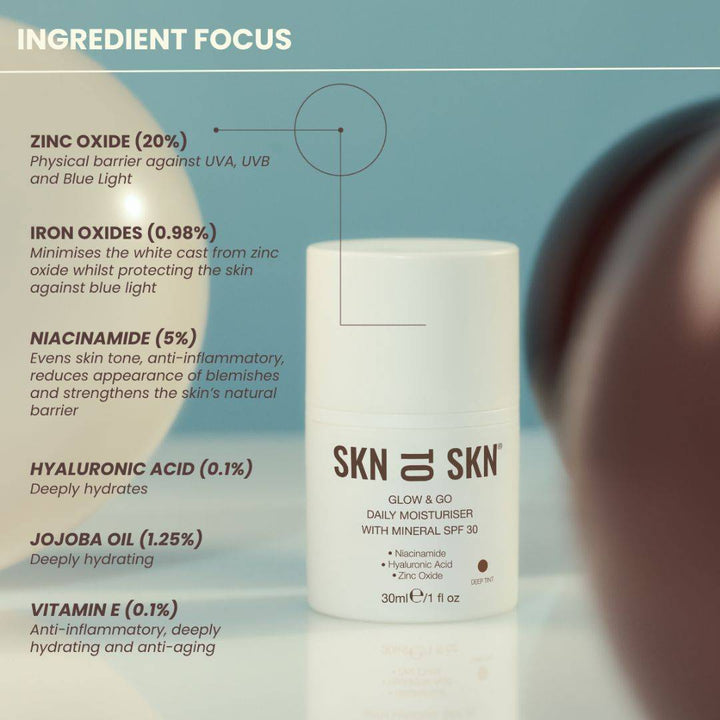 Skn to Skn Glow & Go daily moisturiser in a white pump bottle with SPF 30 and ingredient details