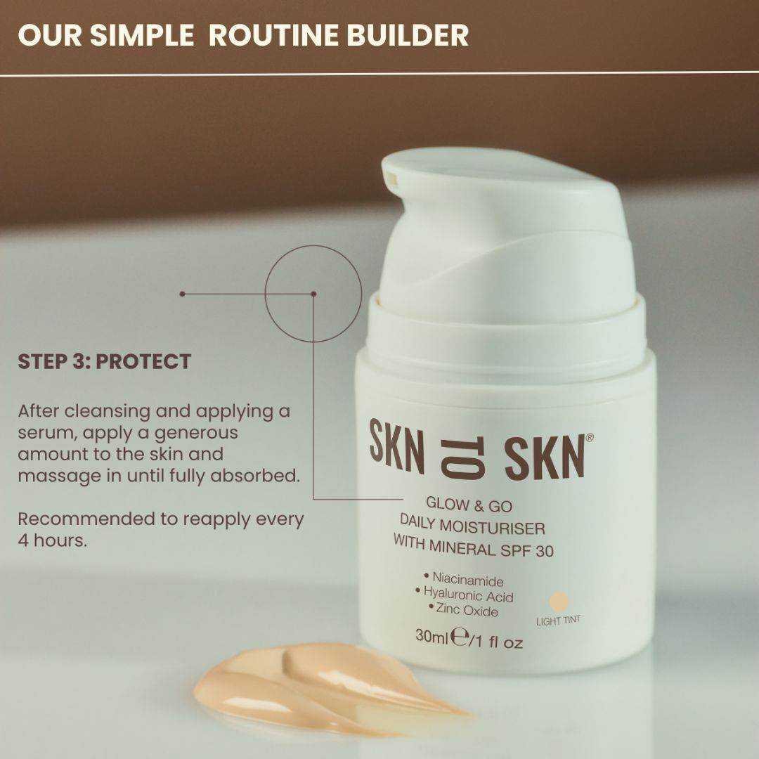 Skn to Skn Glow & Go light tint daily moisturiser in a white pump bottle with mineral SPF 30