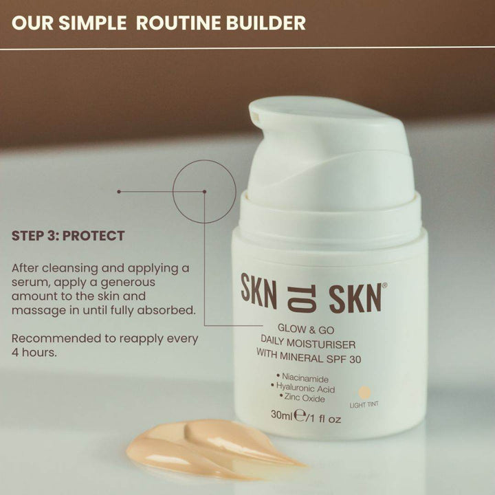Skn to Skn Glow & Go light tint daily moisturiser in a white pump bottle with mineral SPF 30