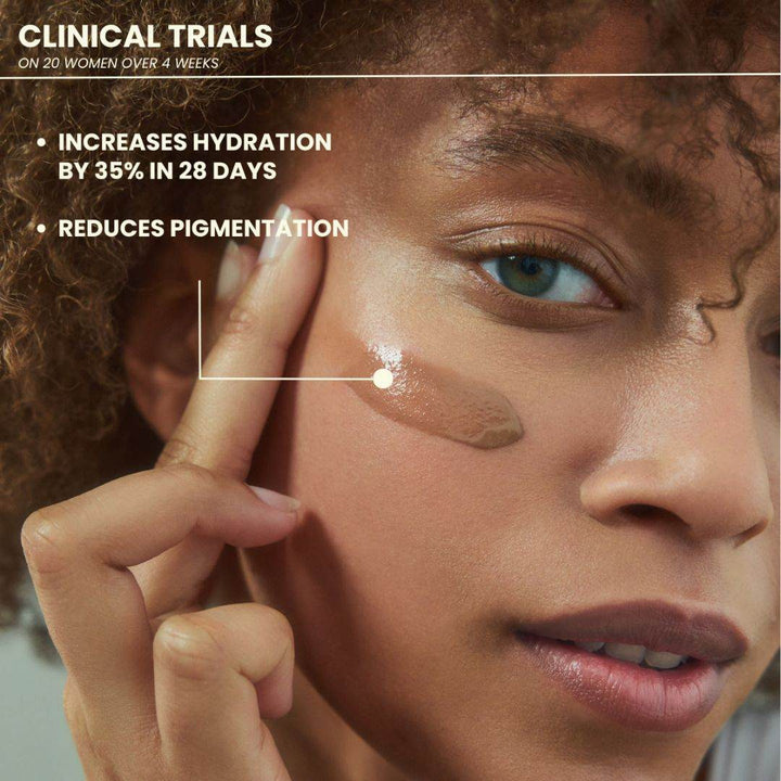 Skn to Skn Glow & Go tinted moisturiser shown as a sheer beige cream on brown skin, highlighting hydration and pigmentation results