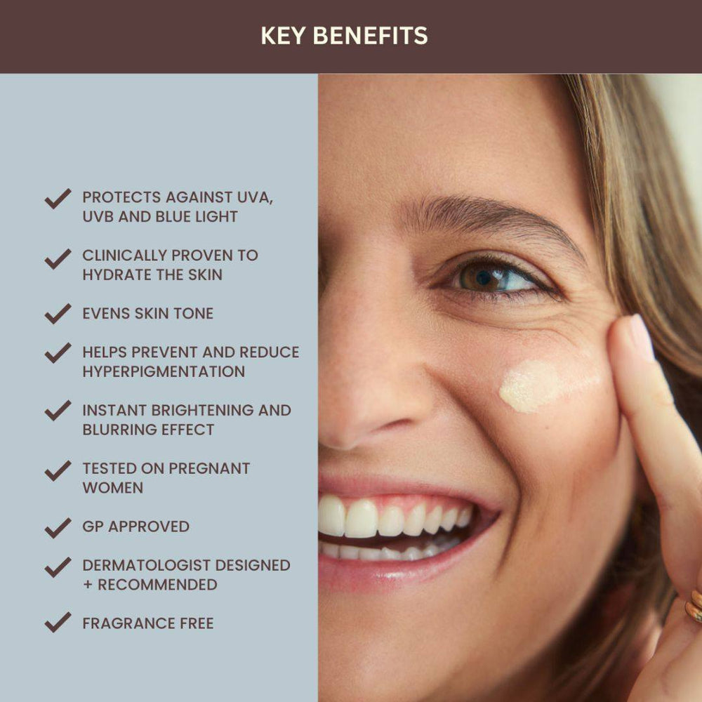 Skn to Skn Glow & Go tinted moisturiser shown applied to a woman's cheek, with SPF 30 skincare benefits listed