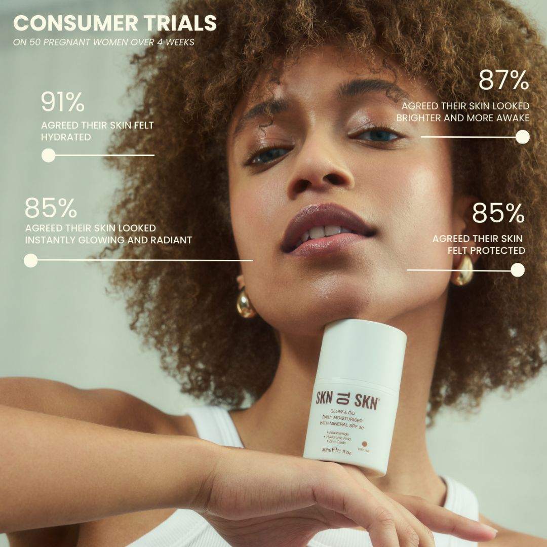 Skn to Skn Glow & Go tinted moisturiser with SPF 30 in a white bottle, held beside a model’s face