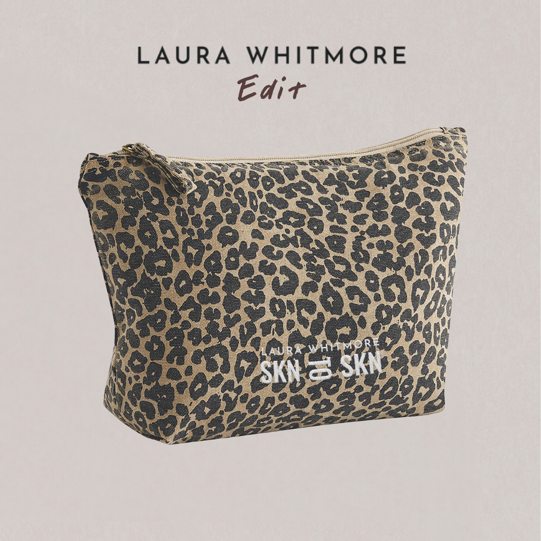 Skn to Skn Laura Whitmore leopard print fabric makeup bag with a zip and branded logo on front