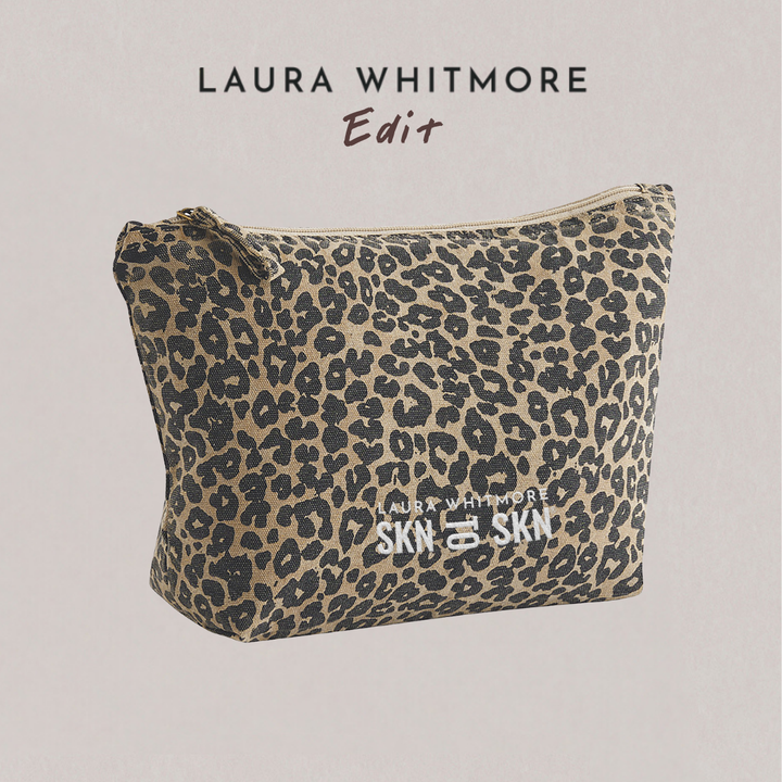 Skn to Skn Laura Whitmore leopard print fabric makeup bag with a zip and branded logo on front