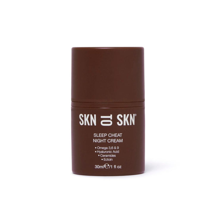 Skn to Skn Sleep Cheat Night Cream in a dark brown cylindrical pump bottle with white text