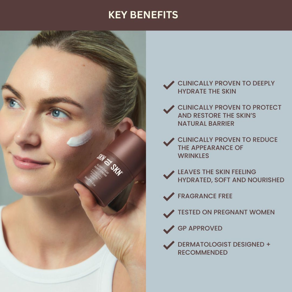 Skn to Skn Sleep Cheat Night Cream in brown packaging beside a woman's face with white cream applied