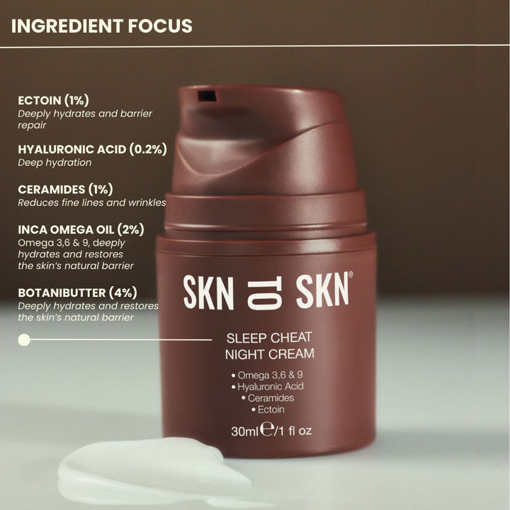 Skn to Skn Sleep Cheat Night Cream in a burgundy pump bottle with ingredient details and cream swatch