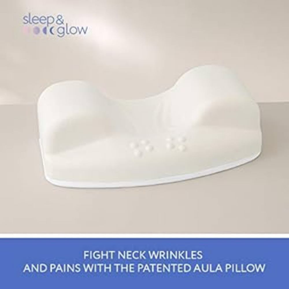 Sleep and Glow AULA anti-aging pillow in white ergonomic foam with contoured neck support and side bolsters