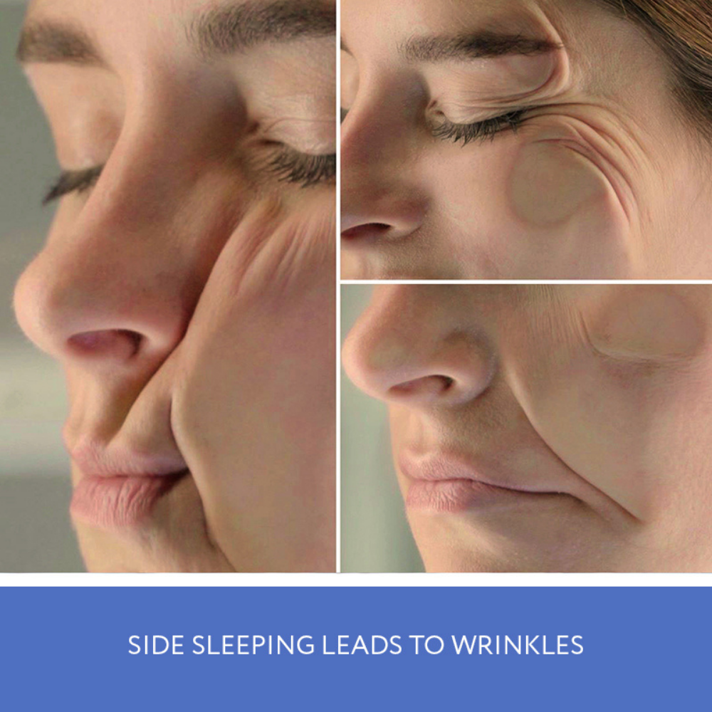 Sleep and Glow pillow graphic showing facial wrinkles caused by side sleeping, with close-up comparison images