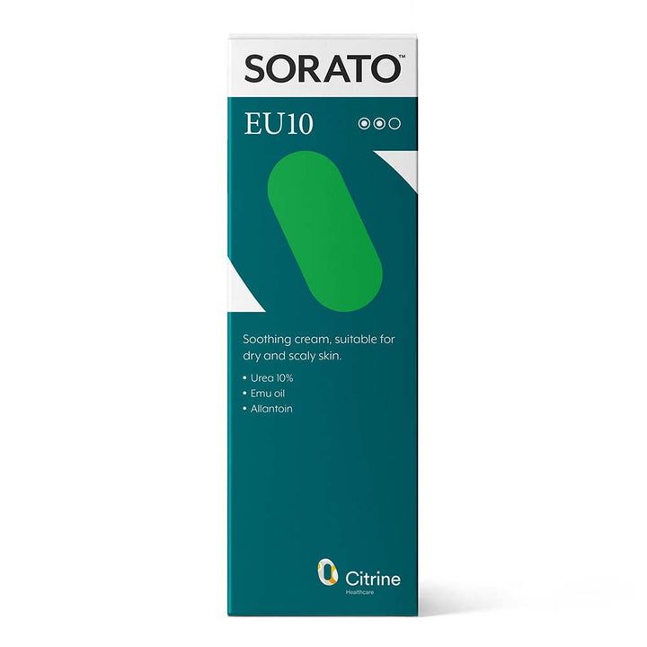 Sorato EU10 Intensive Moisturising Cream teal and white carton with green capsule graphic and soothing cream label