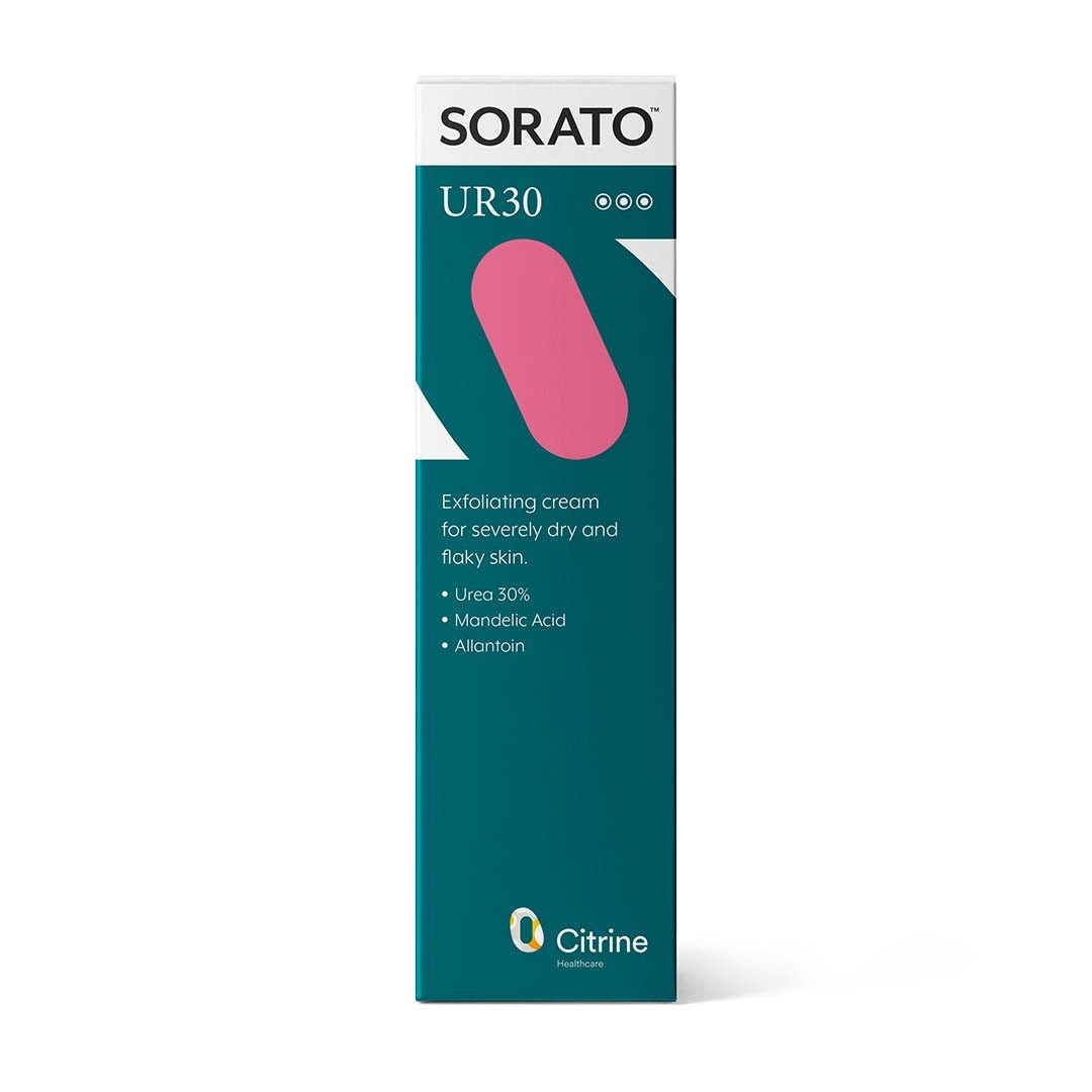 Sorato UR30 exfoliating cream box in teal and white with pink oval design and printed ingredient benefits