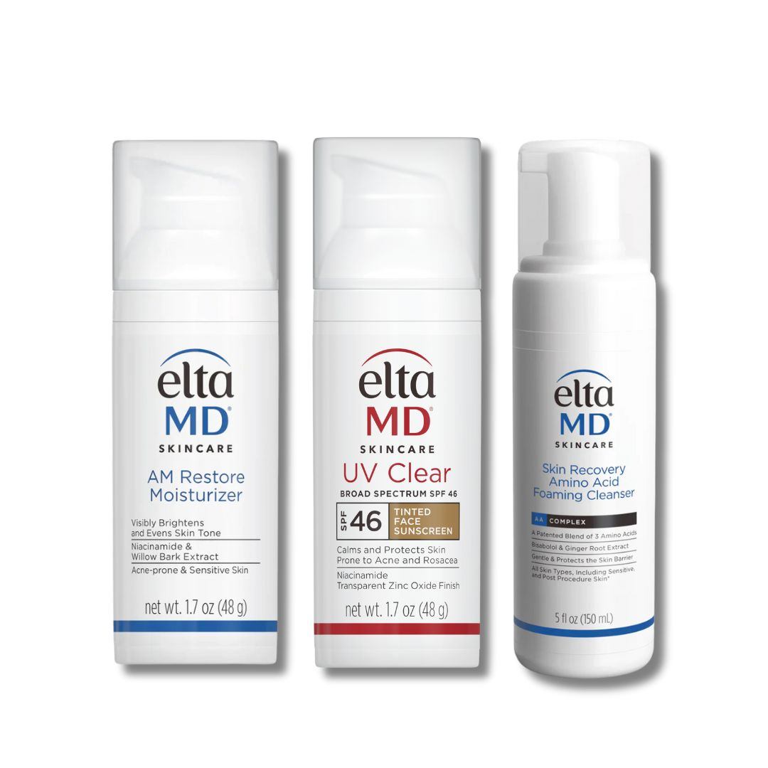 Teen Skincare Starter Bundle with three white EltaMD skincare bottles, moisturiser, SPF 46 sunscreen, and foaming cleanser