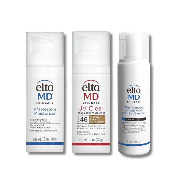 Teen Skincare Starter Bundle with three white EltaMD skincare bottles, moisturiser, SPF 46 sunscreen, and foaming cleanser