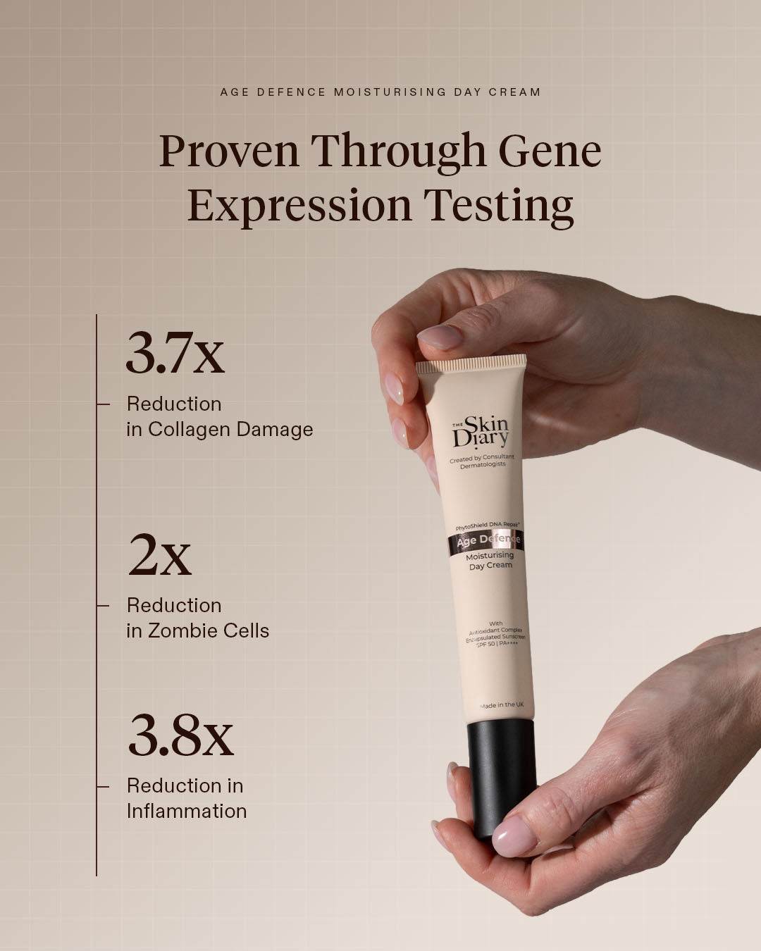 The Skin Diary Age Defence moisturising day cream in a beige tube with black cap and scientific claims
