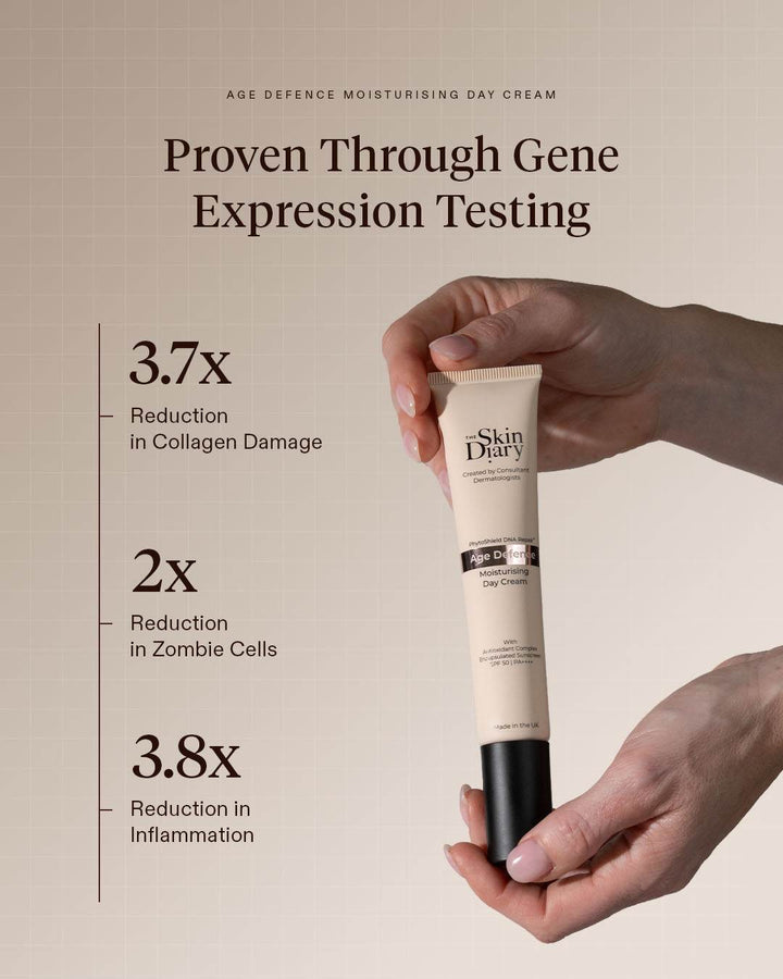 The Skin Diary Age Defence moisturising day cream in a beige tube with black cap and scientific claims