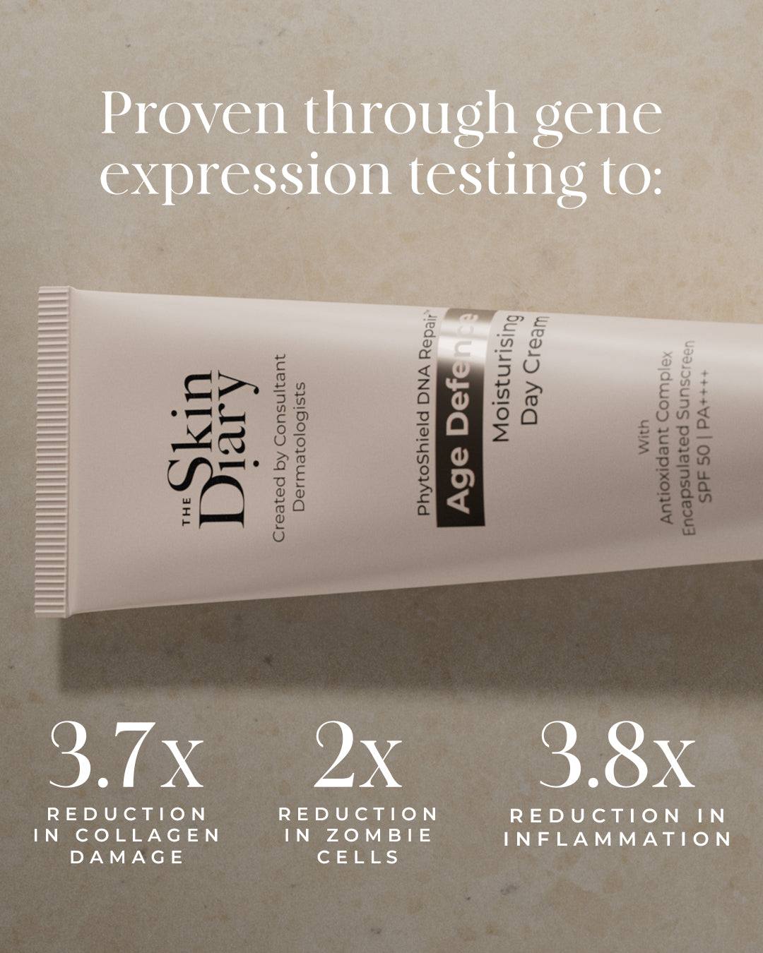 The Skin Diary Age Defence moisturising day cream in a pale beige tube with black text and SPF 50 PA++++