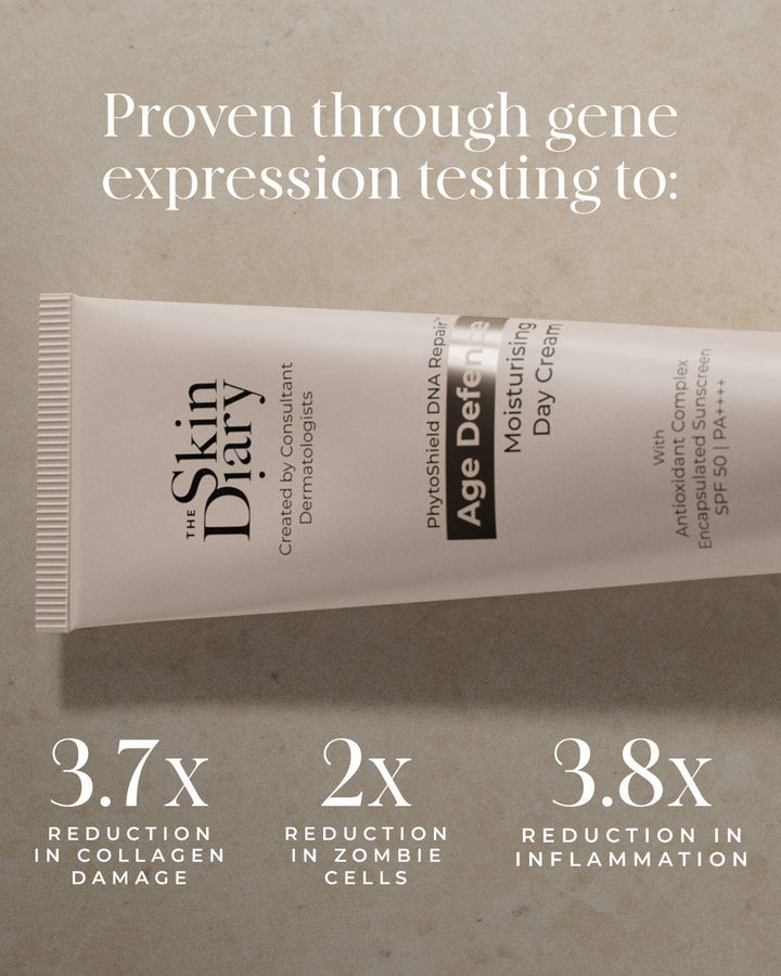 The Skin Diary Age Defence moisturising day cream in a pale beige tube with black text and SPF 50 PA++++