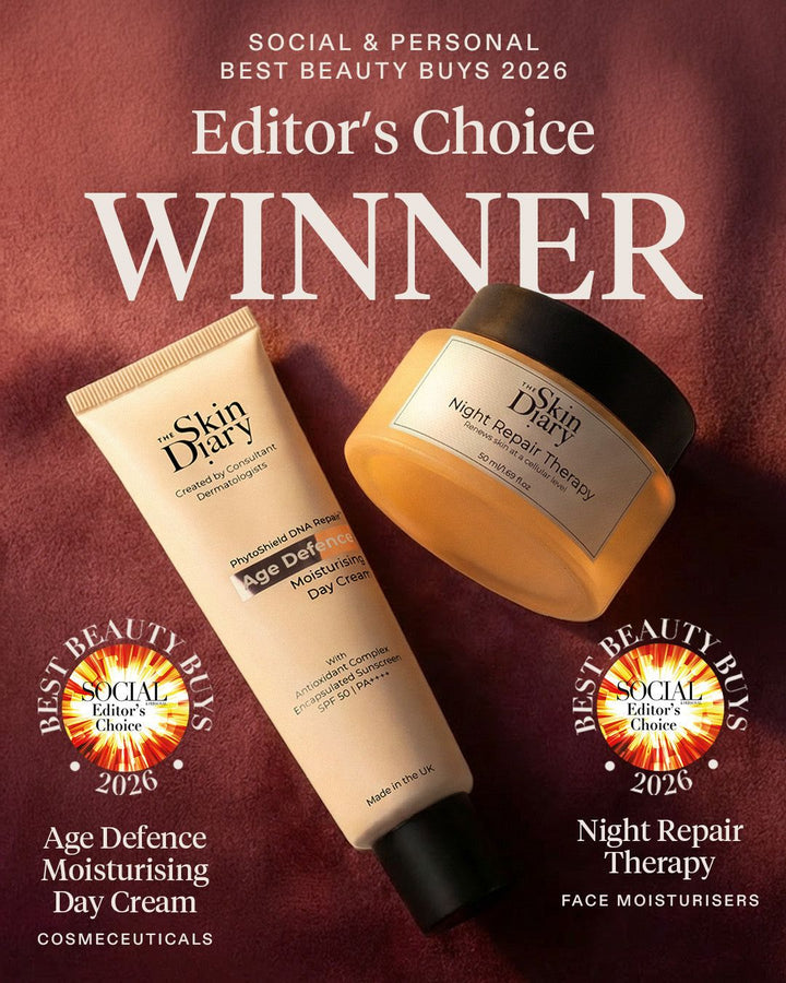 The Skin Diary Age Defence moisturising day cream in a beige tube with black cap and award-winning packaging