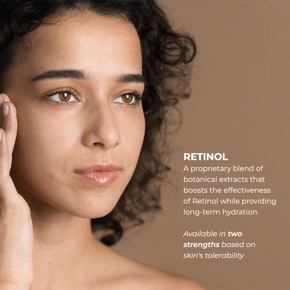 Time-Released Retinol skincare product graphic featuring a woman with clear skin and text highlighting botanical extracts
