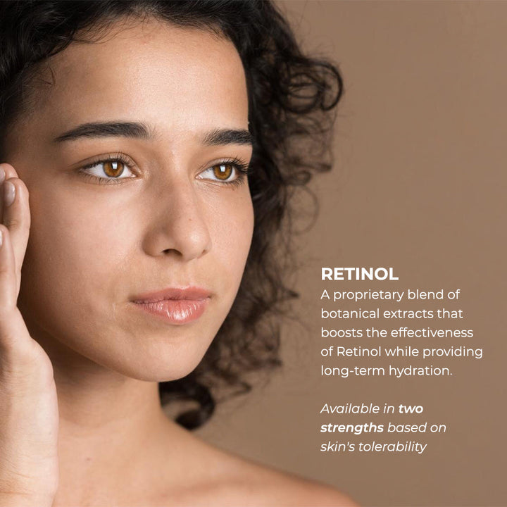 Time-Released Retinol skincare product graphic featuring a woman with clear skin and text highlighting botanical extracts