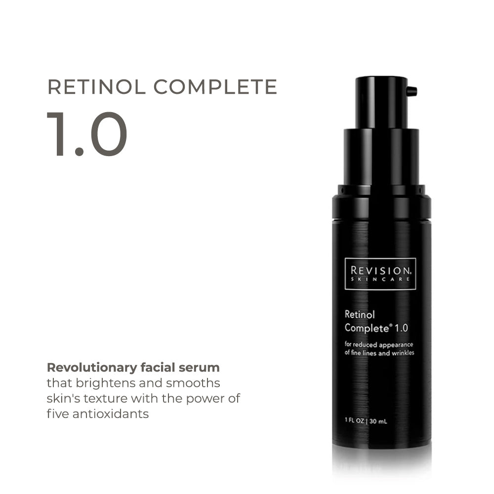 Time-Released Retinol Complete 1.0 facial serum in a black pump bottle with antioxidant formula