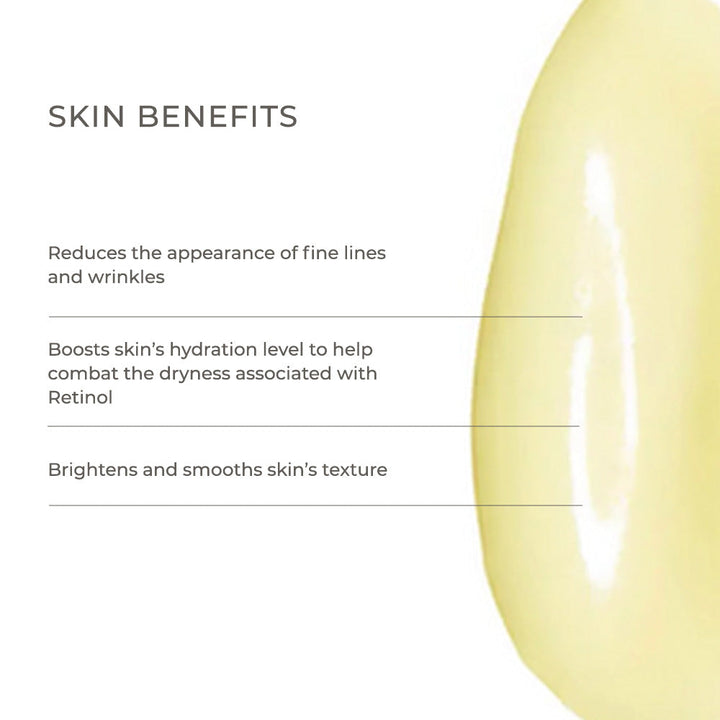 Time-Released Retinol serum graphic showing skin benefits including wrinkle reduction, hydration, brightening, and smoother texture
