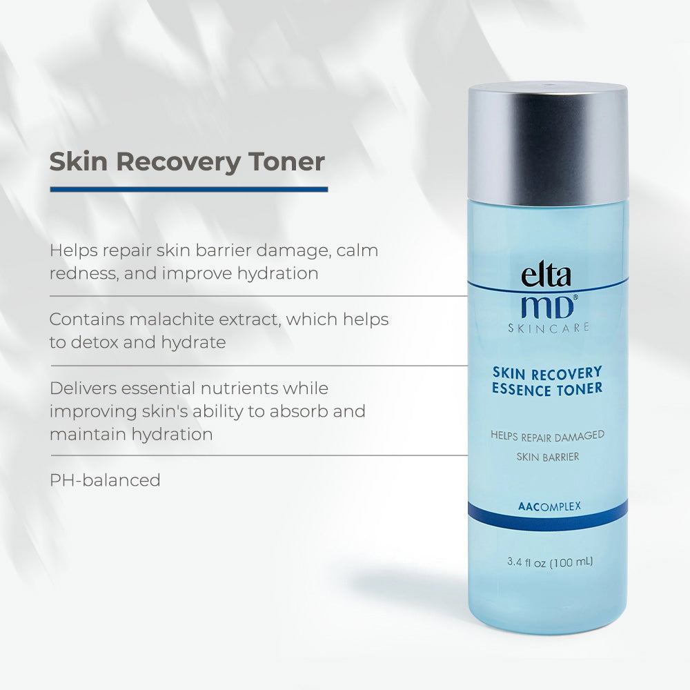 Toner in a translucent pale blue bottle with silver cap, EltaMD Skin Recovery Essence Toner and AAComplex label