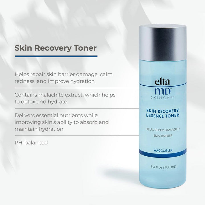Toner in a translucent pale blue bottle with silver cap, EltaMD Skin Recovery Essence Toner and AAComplex label