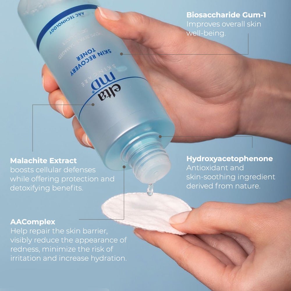 Toner in a pale blue translucent bottle, poured onto a cotton pad, with ingredient callouts