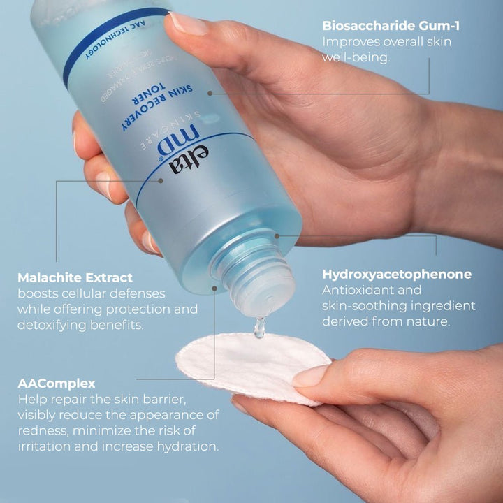 Toner in a pale blue translucent bottle, poured onto a cotton pad, with ingredient callouts