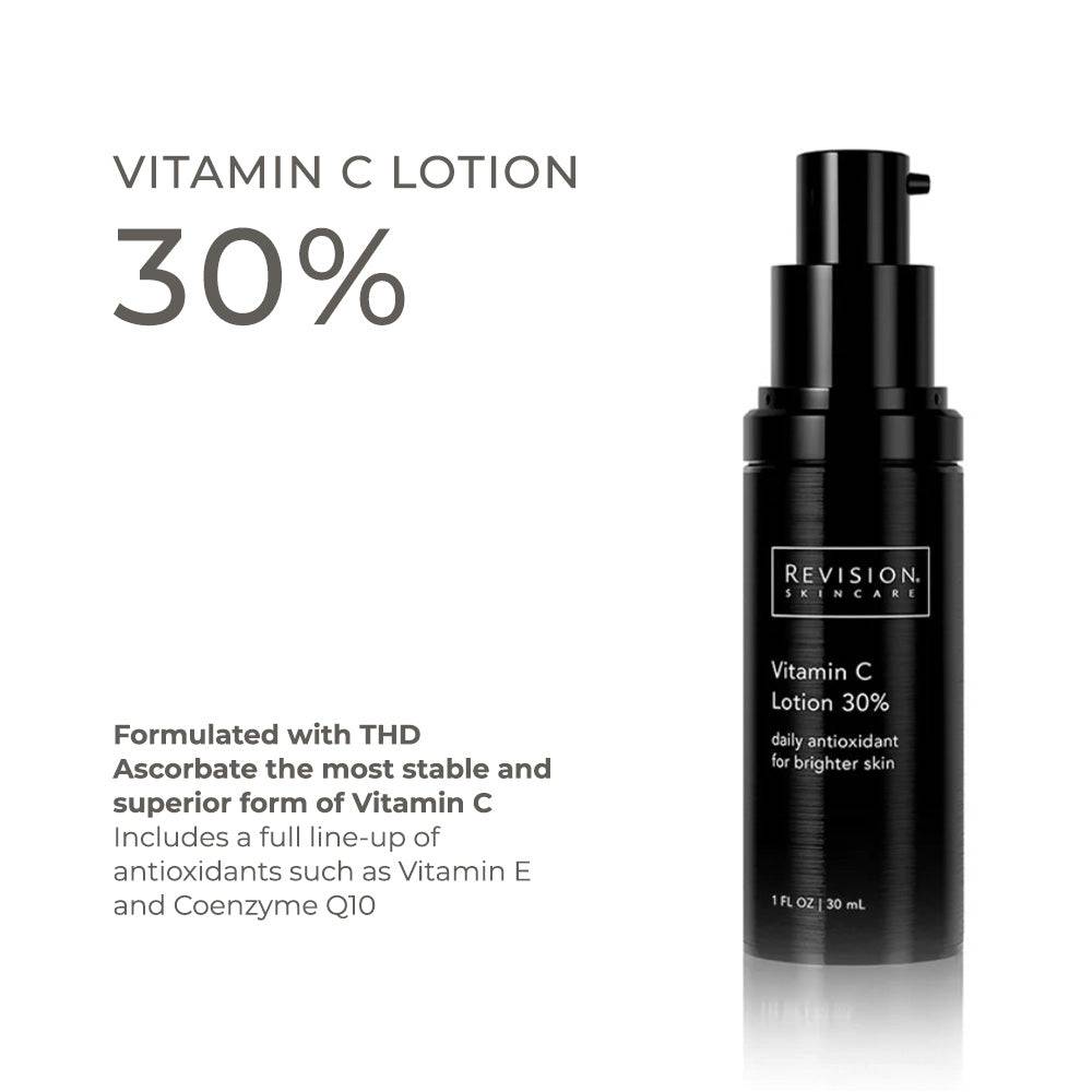 Vitamin C Lotion 30% in a sleek black pump bottle with white text, formulated with THD Ascorbate and antioxidants for brightening