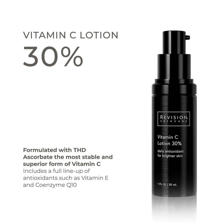 Vitamin C Lotion 30% in a sleek black pump bottle with white text, formulated with THD Ascorbate and antioxidants for brightening