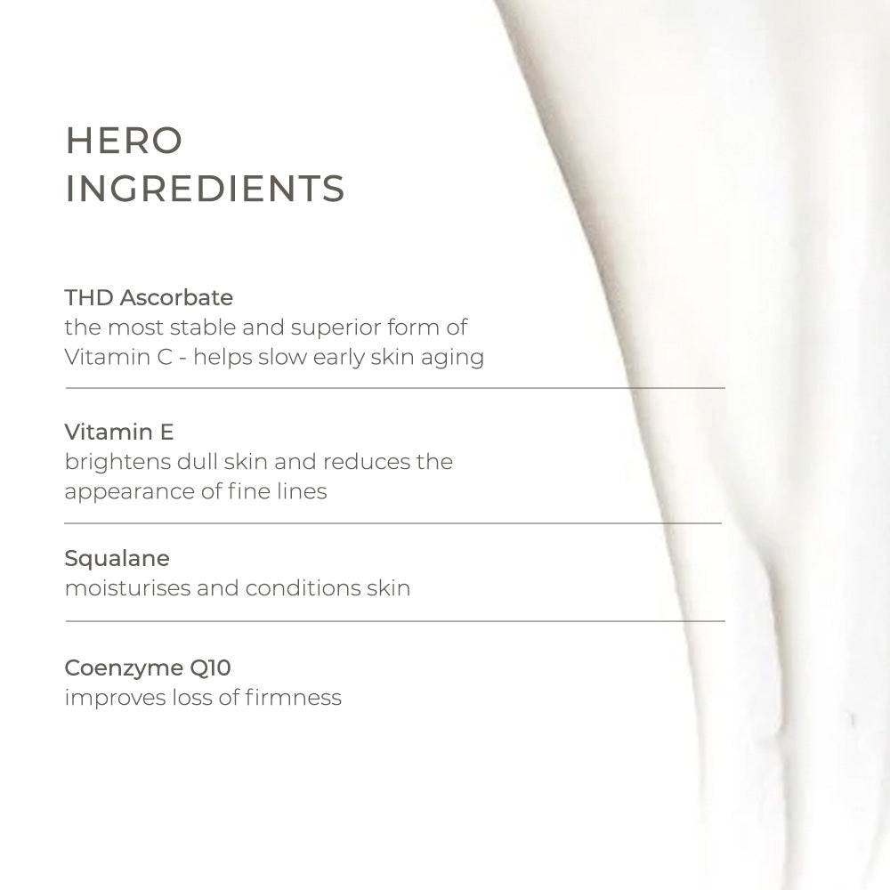 Vitamin C Lotion 30% creamy white serum texture highlighting key antioxidant ingredients THD Ascorbate, Vitamin E, Squalane, and Coenzyme Q10