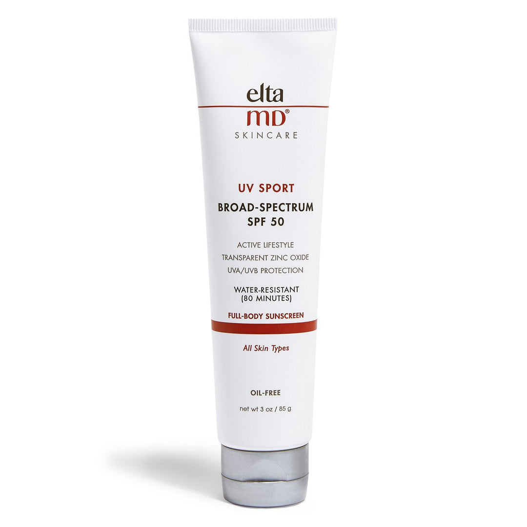 EltaMD UV Sport sunscreen tube in white with red accents, broad-spectrum SPF 50 and water-resistant formula