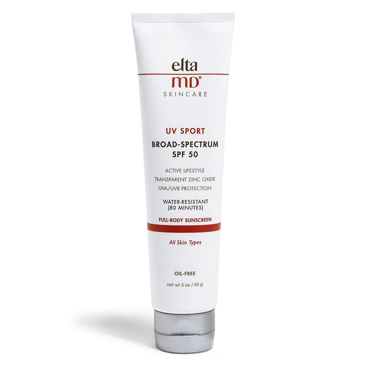EltaMD UV Sport sunscreen tube in white with red accents, broad-spectrum SPF 50 and water-resistant formula