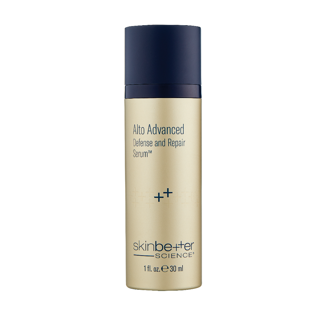 Skinbetter Science Alto Defense advanced serum in beige and navy bottle with minimalist design and text