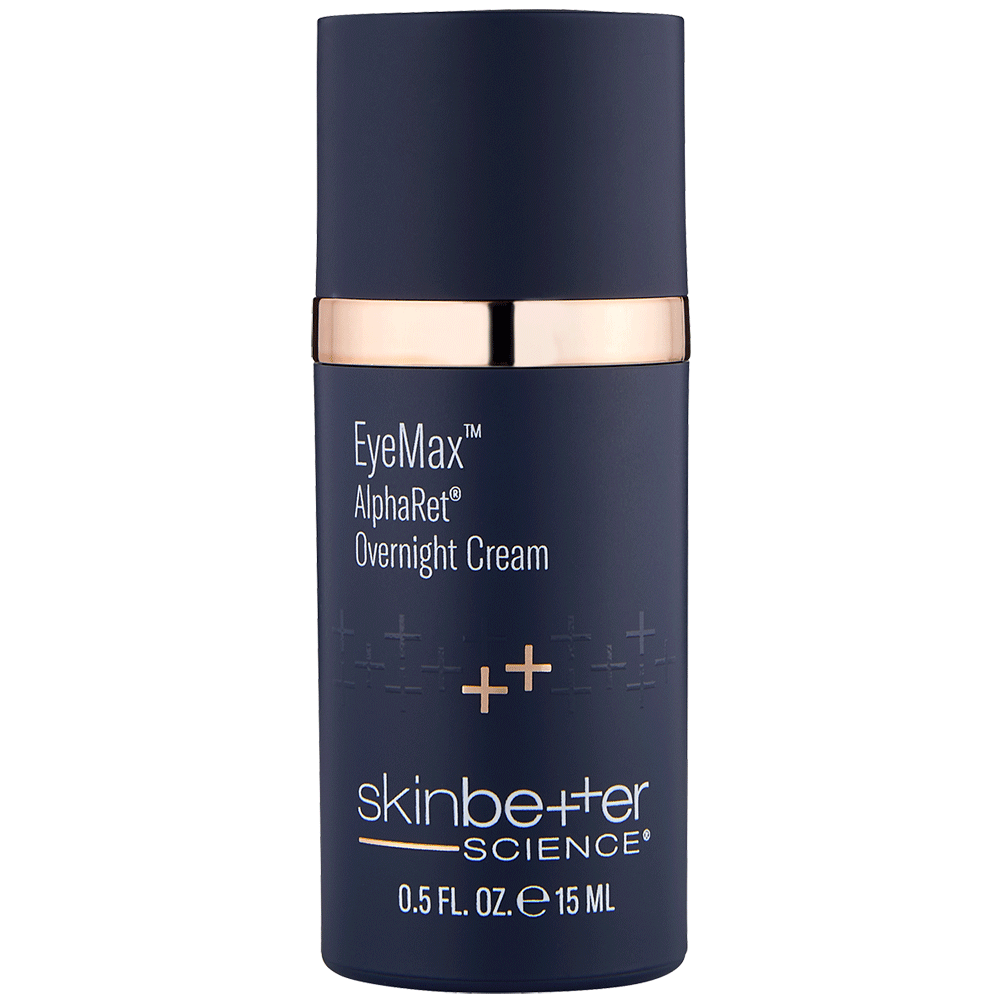 Skinbetter Science EyeMax AlphaRet overnight eye cream in a navy cylindrical bottle with rose gold band