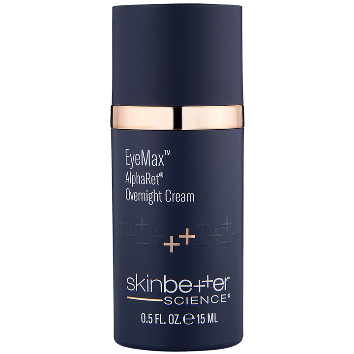 Skinbetter Science EyeMax AlphaRet overnight eye cream in a navy cylindrical bottle with rose gold band